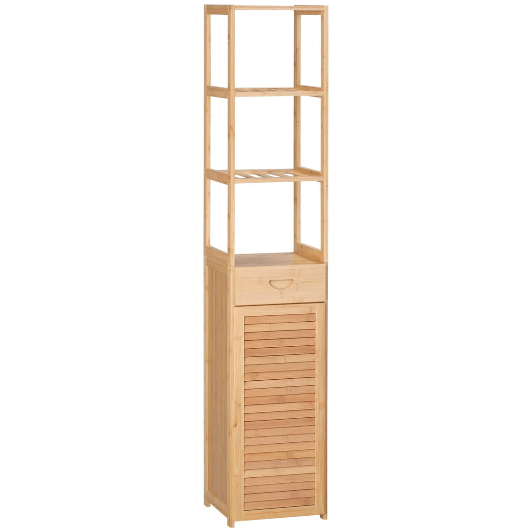 Tall Bathroom Cabinet with Drawer and Slatted Shelves Slim Bamboo Linen Tower - Diamond Home USA
