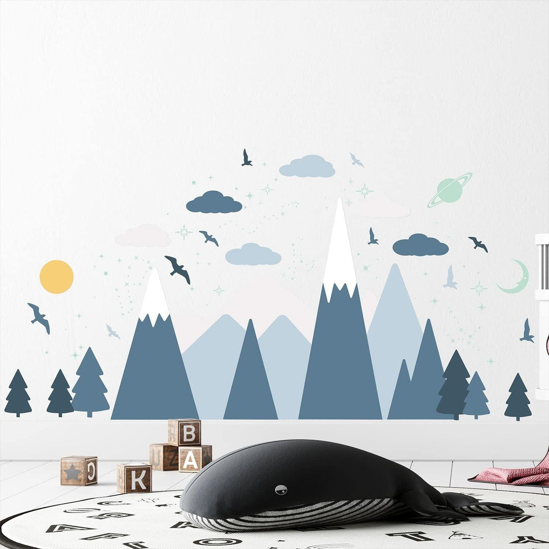 Blue Mountains and Glowing Sky Wall Stickers Nursery Kids Multi Color - Diamond Home USA