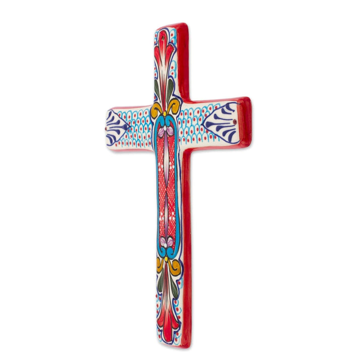 Ceramic Wall Cross 'Red Lily' Multi Color Modern Contemporary Antique Handmade - Diamond Home USA