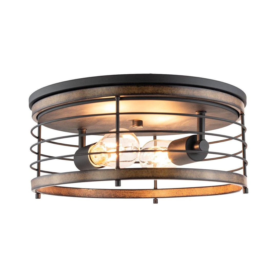 2 Light 13" Caged Drum Flush Mount 13"x5.85" Black Farmhouse Metal Dimmable - Diamond Home USA