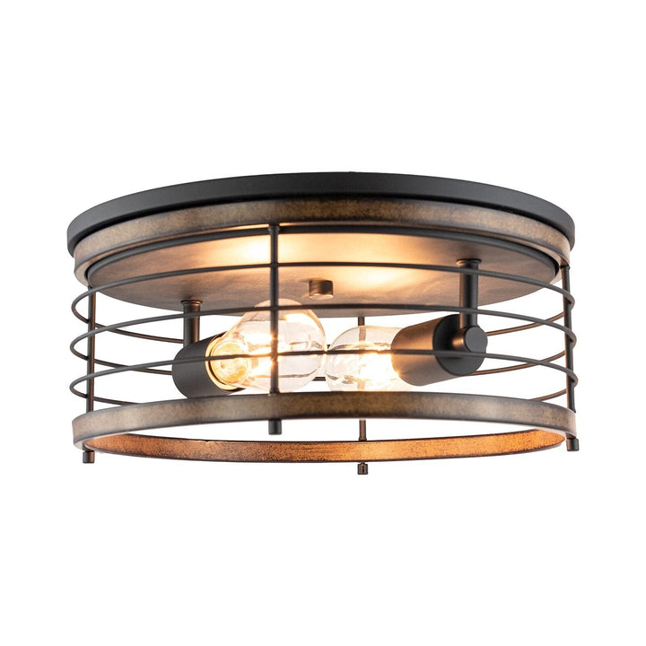 2 Light 13" Caged Drum Flush Mount 13"x5.85" Black Farmhouse Metal Dimmable - Diamond Home USA