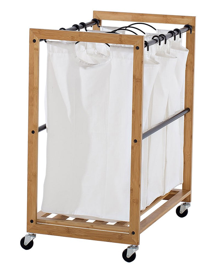 TRINITY 3-Bag Bamboo Laundry Cart Laundry-Room Organization and Dirty Clothes