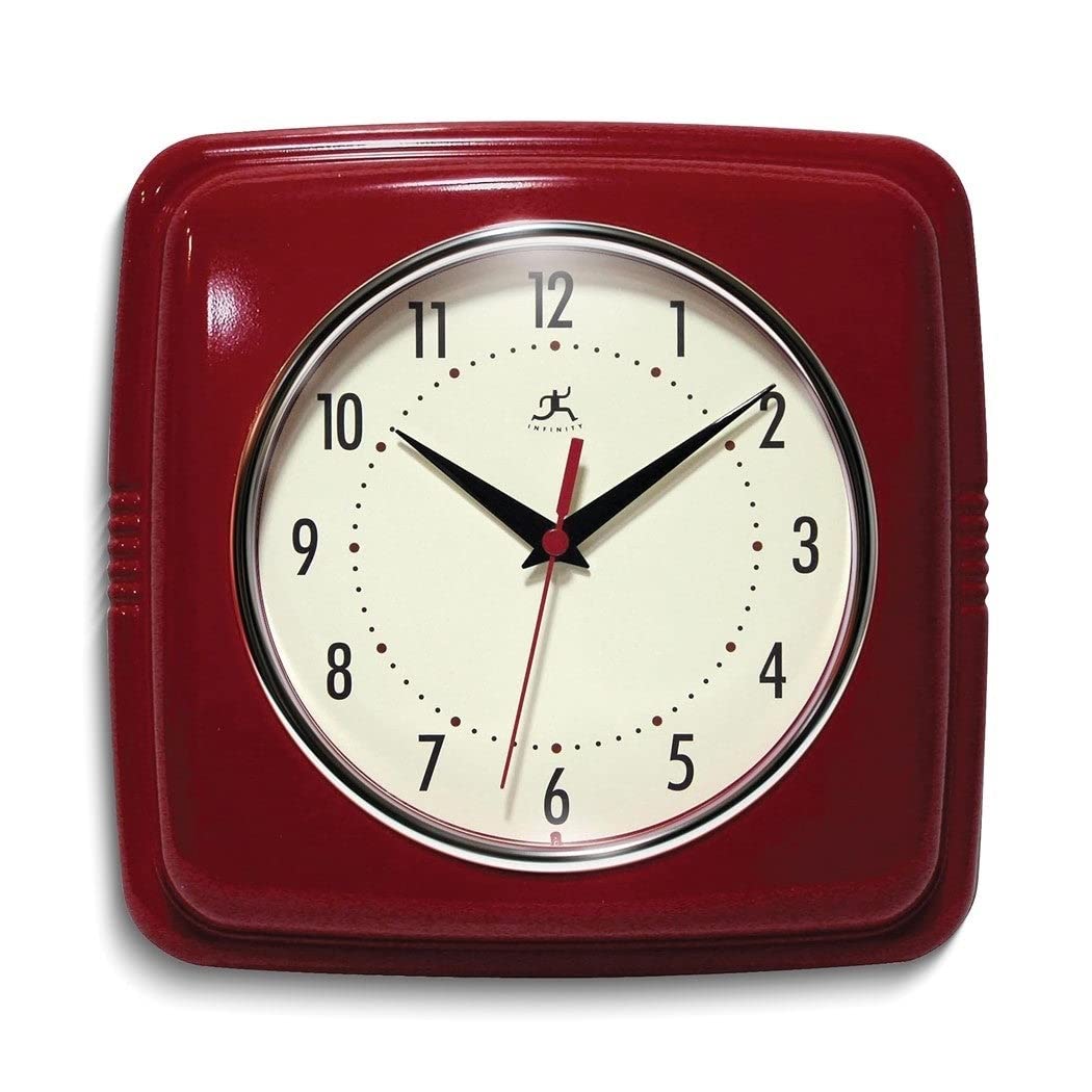Square Retro Red Finish Metal Quartz Wall Clock with Silent Movement Traditional