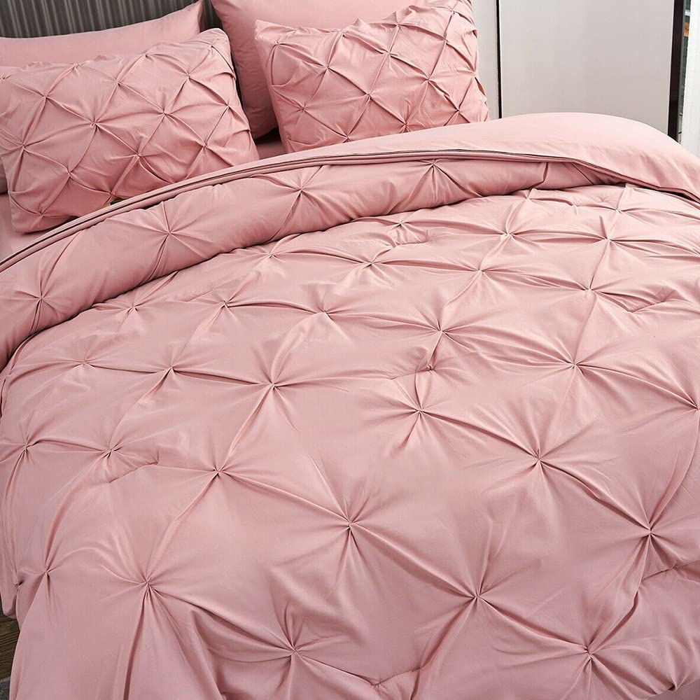 8 Piece Pinch Pleat Pintuck Comforter Set Bed in A Bag Queen Pink Solid Color - Diamond Home USA