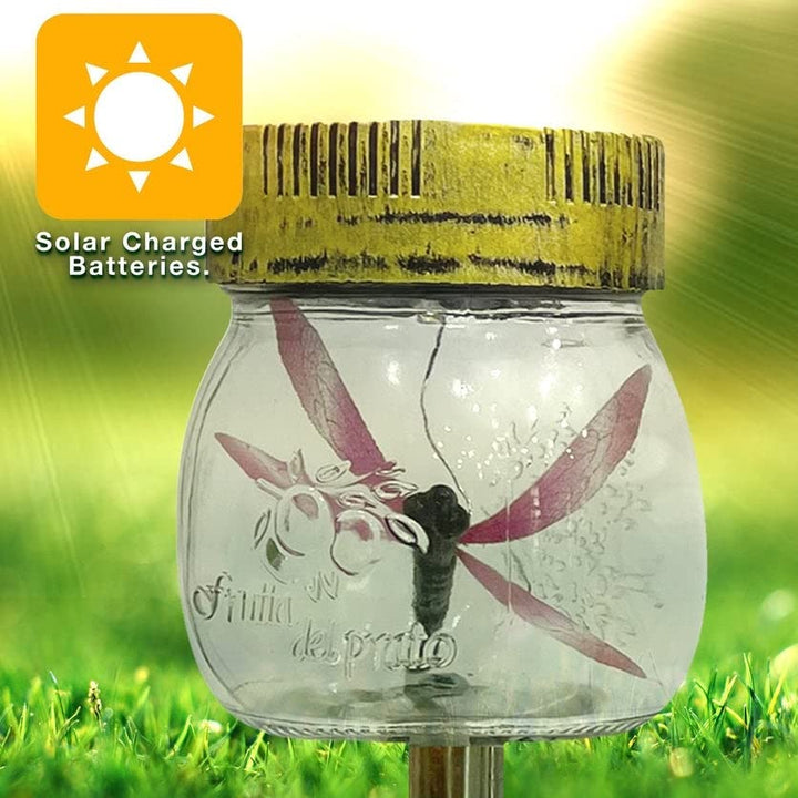Dragonfly in A Jar Solar Stake Lights Set of 3 Multi Color Glass Energy - Diamond Home USA