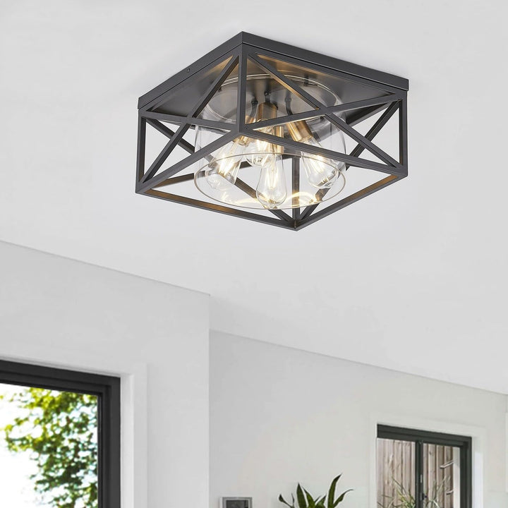 Industrial Rectangle Flush Mount Ceiling Light Fixture with Glass Shade Black - Diamond Home USA
