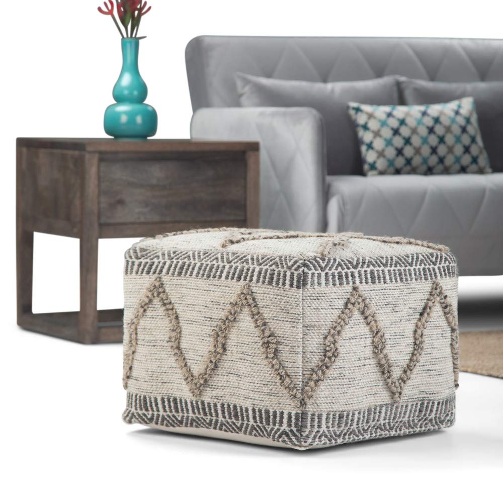 SIMPLIHOME Sweeney Square Pouf Footstool Upholstered in Grey Natural Handloom Grey/Natural - Diamond Home USA