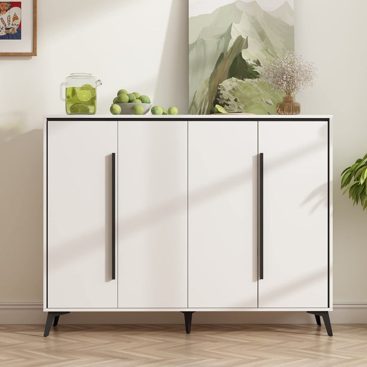 4 Door White Entryway Shoes Storage Cabinet Adjustable Shelf Sideboard Glam