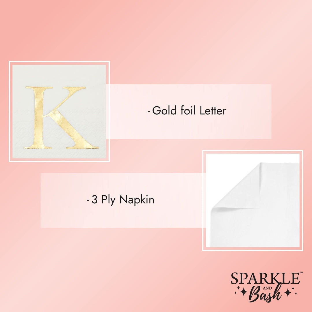 Gold Foil Initial Letter K White Monogram Paper Napkins (4 X 8 In Pack) - Diamond Home USA