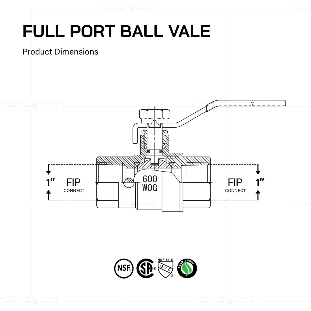 Midline Valve 627T223-NL Premium ull Port Ball Valve with Drain Brass x 1 in. - Diamond Home USA