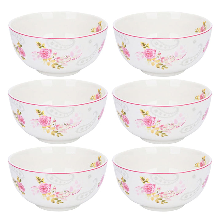 Rose Garden All Purpose Soup/cereal Set Of 6 5.5" Pink Floral Country Round Bone