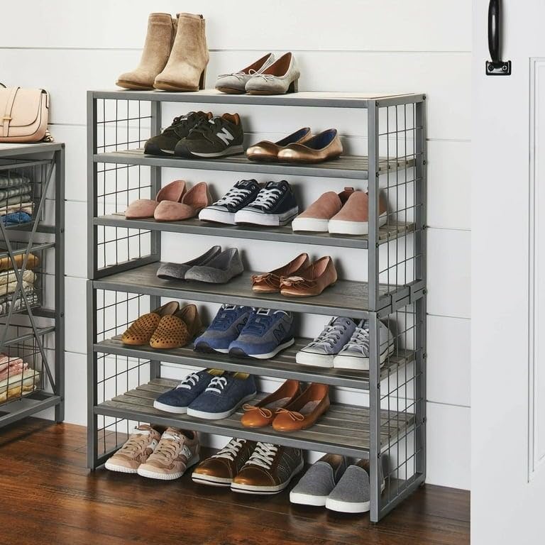 Farmhouse 3 Tiers12-compartment Garment Shoe Rack Wood Gray Grey Metal - Diamond Home USA