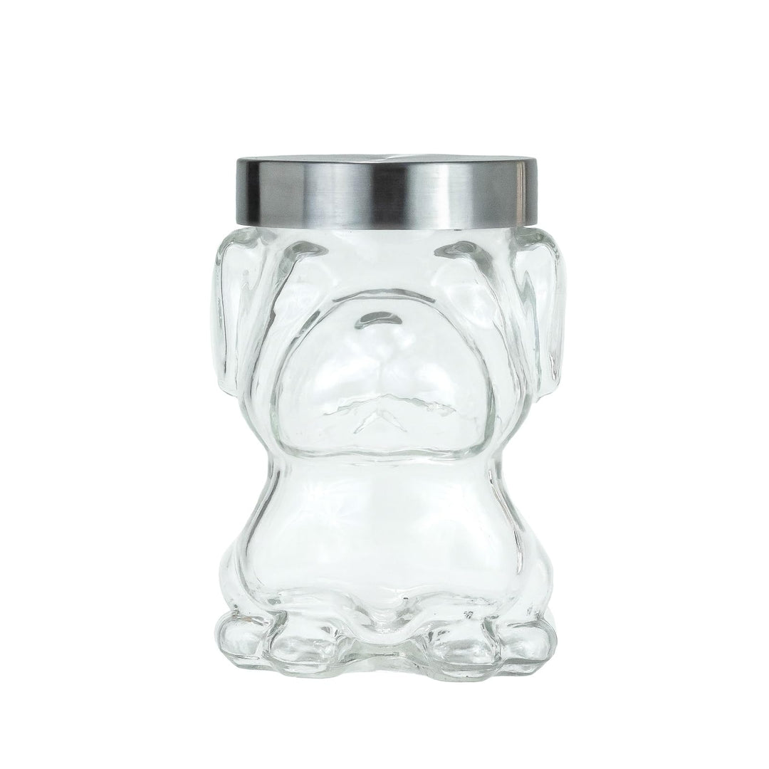 Pet Mad Dog Canister Airtight Treat Food Storage 48 Oz Clear Silver Glass