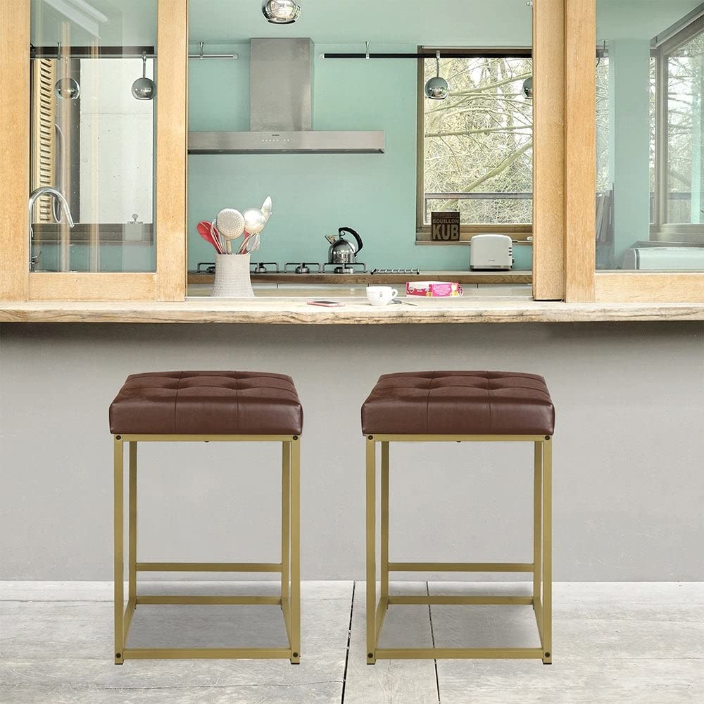 24 Inch Counter Stool with Brown Pu-Set of 2 Industrial Mid-Century Modern - Diamond Home USA