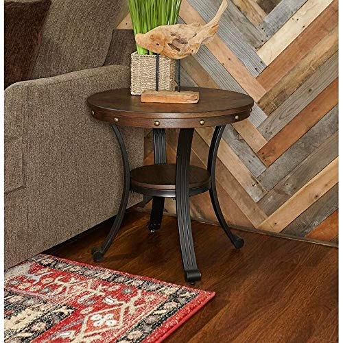 Brown and Black Wood Round Side Table Casual Oak Finish Shelf