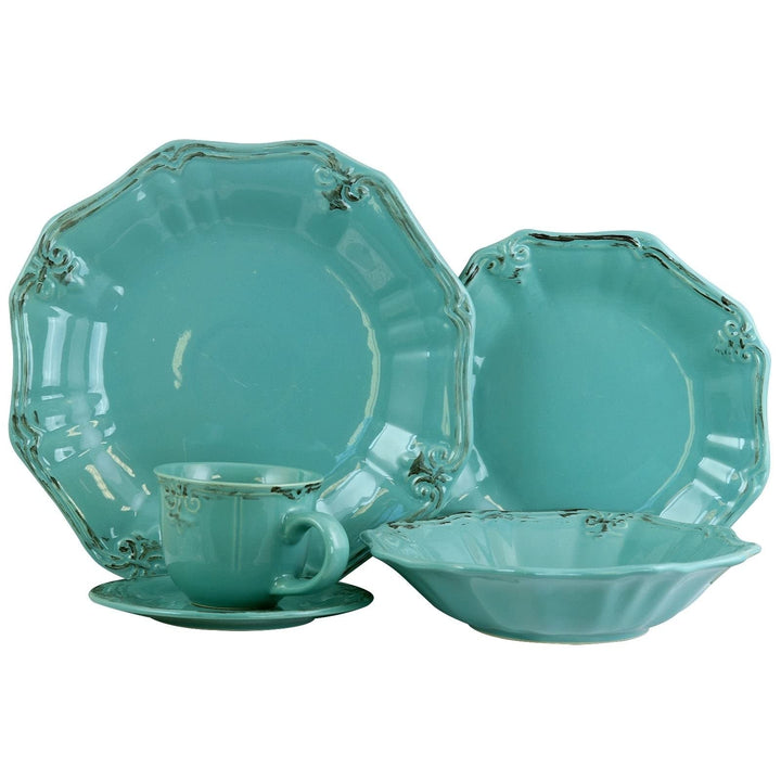 20 Piece Dinnerware Set In Turquoise Blue Floral Textured Traditional Round - Diamond Home USA