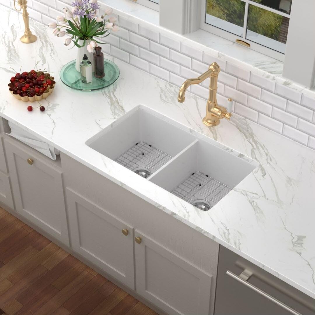 32 Inch Undermount Double Bowl Glossy White Porcelain Kitchen Sink 32"x19" - Diamond Home USA