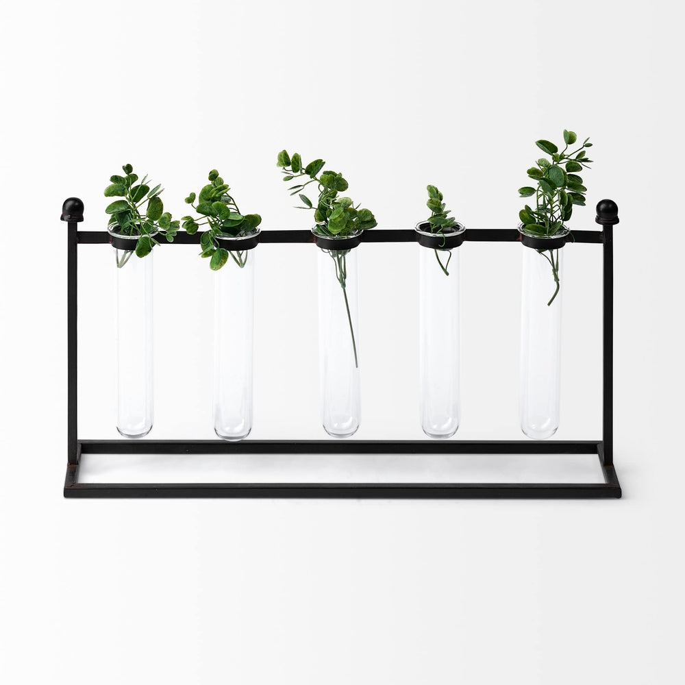 Black Metal Five Glass Test Tube Vase Clear Farmhouse - Diamond Home USA