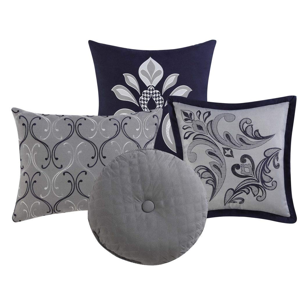 D&H 10 Piece Blue Silver White Damask Theme Comforter King Set Beautiful All - Diamond Home USA