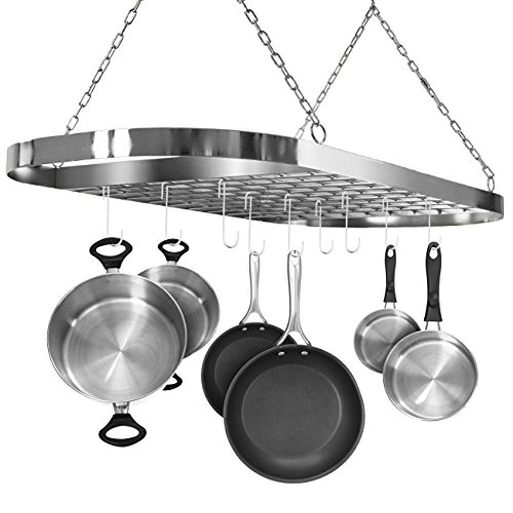 10 Hooks Chef Silver Pot Rack Ceiling Mounted Oval Hanging Cookware Organizer