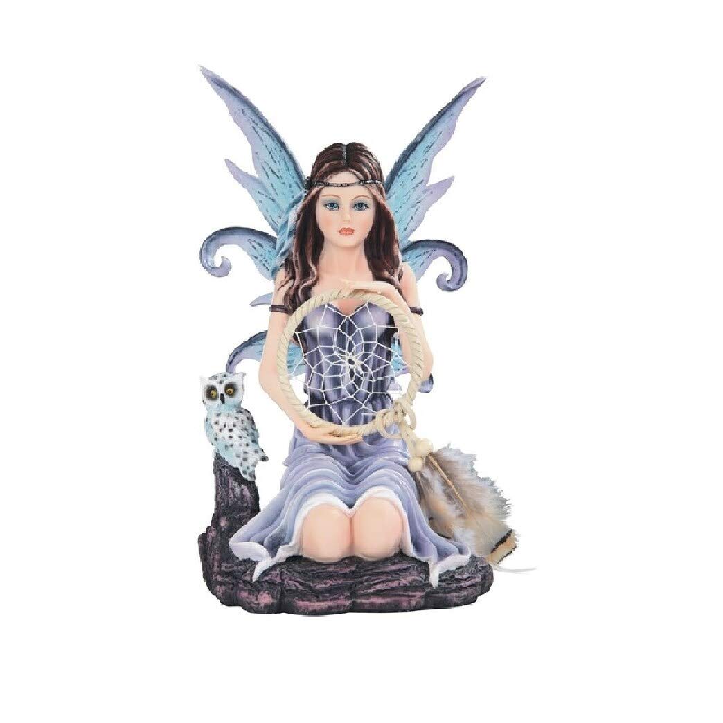 10.5" h Star Fairy Holding Dream Catcher with Owl Statue Fantasy Decoration