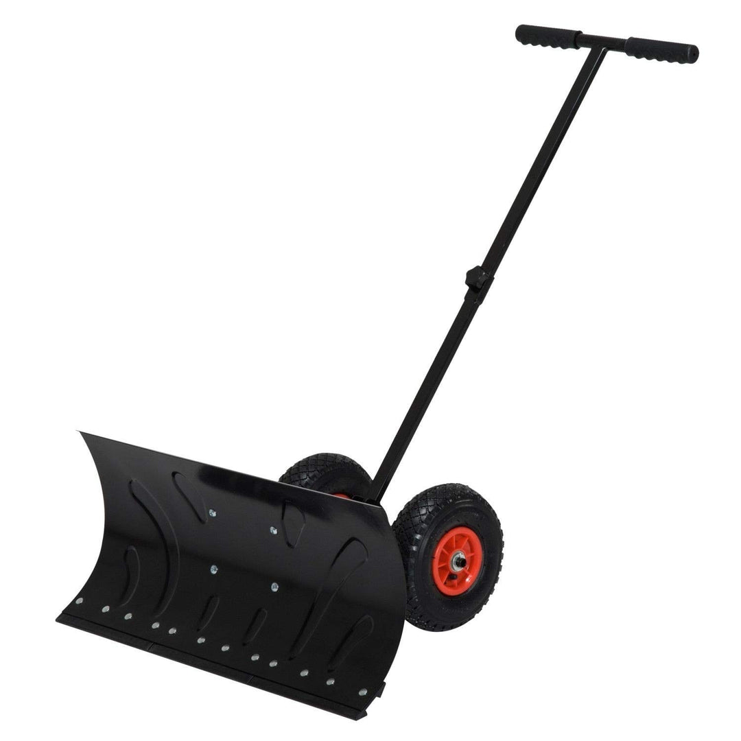 Heavy Duty Steel Adjustable Rolling Snow Shovel Pusher Black Metal Rubber - Diamond Home USA