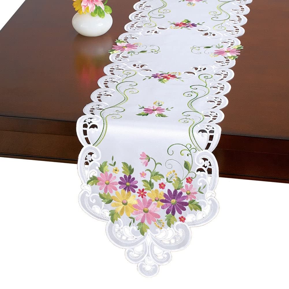 Spring Wildflower Daisy Table Linens 68 X 13 White Floral Runner Polyester