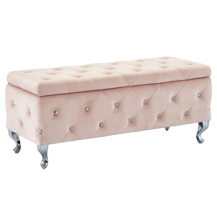 Nspire Contemporary Velvet & Metal Rectangular Storage Ottoman in Blush Pink