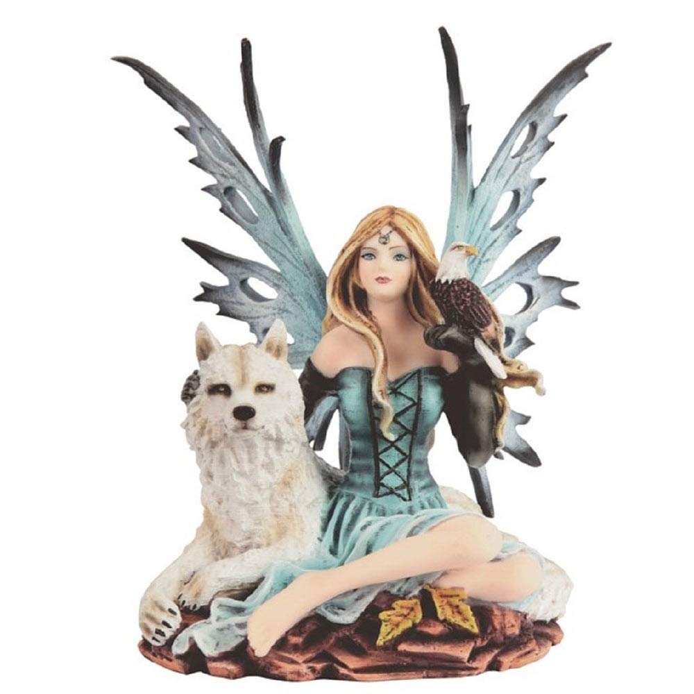 8 inch h Blue Fairy with Wolf and Statue Fantasy Decoration Figurine Polyresin