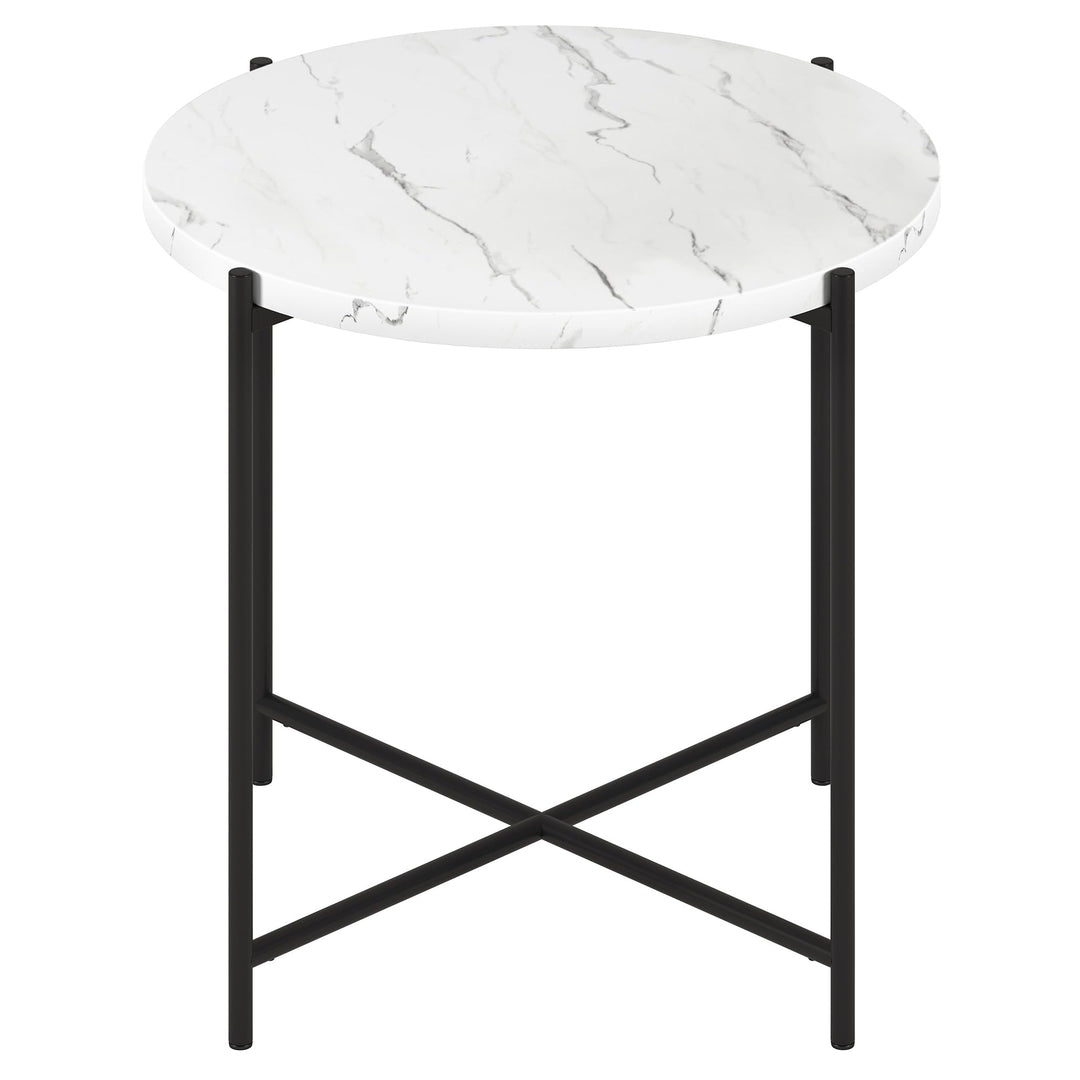 23.63" Wide Round Side Table with Marble Top Black White Modern Contemporary - Diamond Home USA