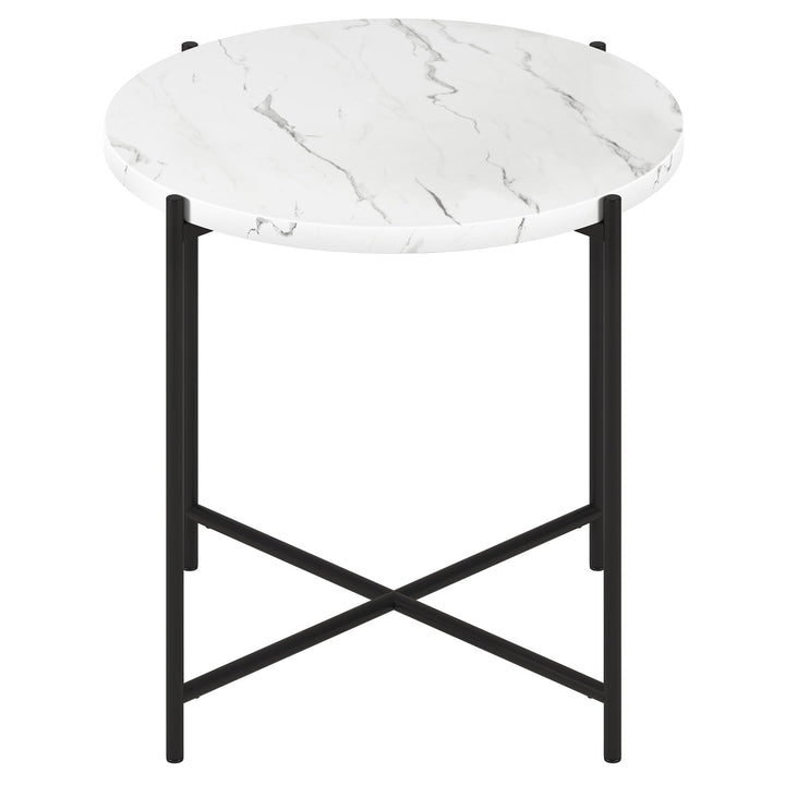 23.63" Wide Round Side Table with Marble Top Black White Modern Contemporary - Diamond Home USA