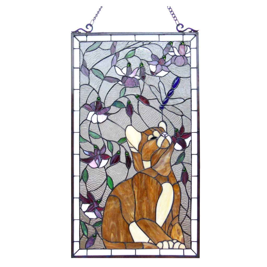 Tiffany Style Cat and Dragonfly Design Window Panel Multi Color Animals Glass - Diamond Home USA