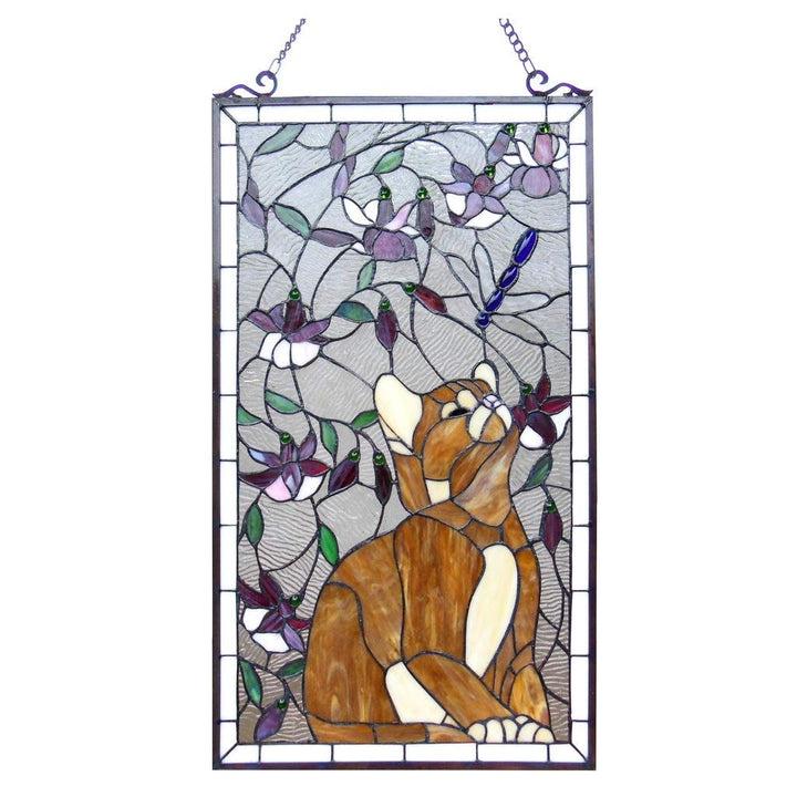 Tiffany Style Cat and Dragonfly Design Window Panel Multi Color Animals Glass - Diamond Home USA