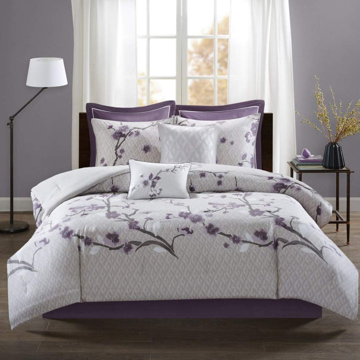 TL 8 Piece rple Gray Floral Pattern Comforter Set Cal King California Light California King