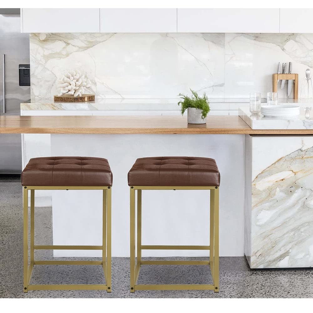 24 Inch Counter Stool with Brown Pu-Set of 2 Industrial Mid-Century Modern