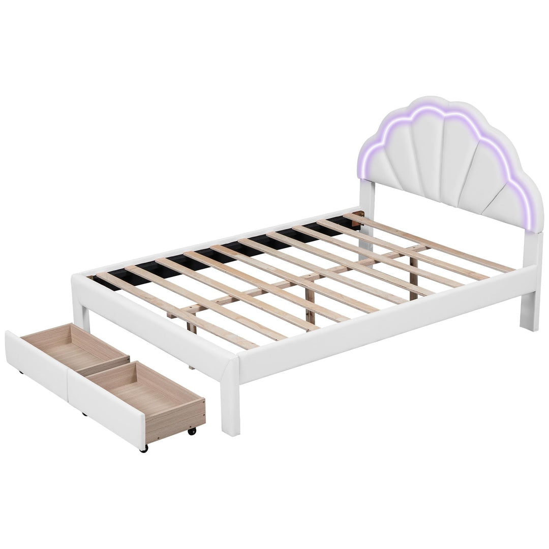 Full Platform Bed Frame W/led Flowers Shaped White Headboard 2 Drawer Casual - Diamond Home USA
