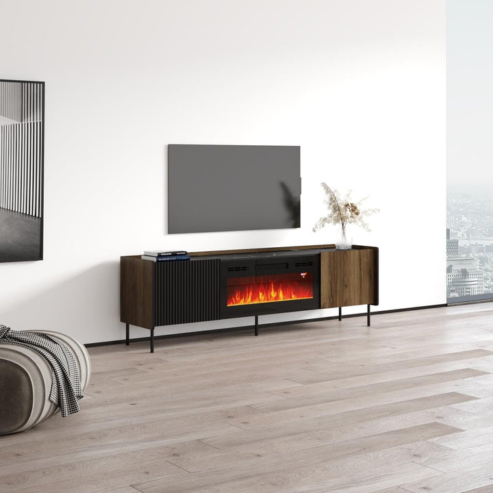 Fireplace Tv Stand Brown Mid-Century Modern Contemporary MDF Matte Includes - Diamond Home USA