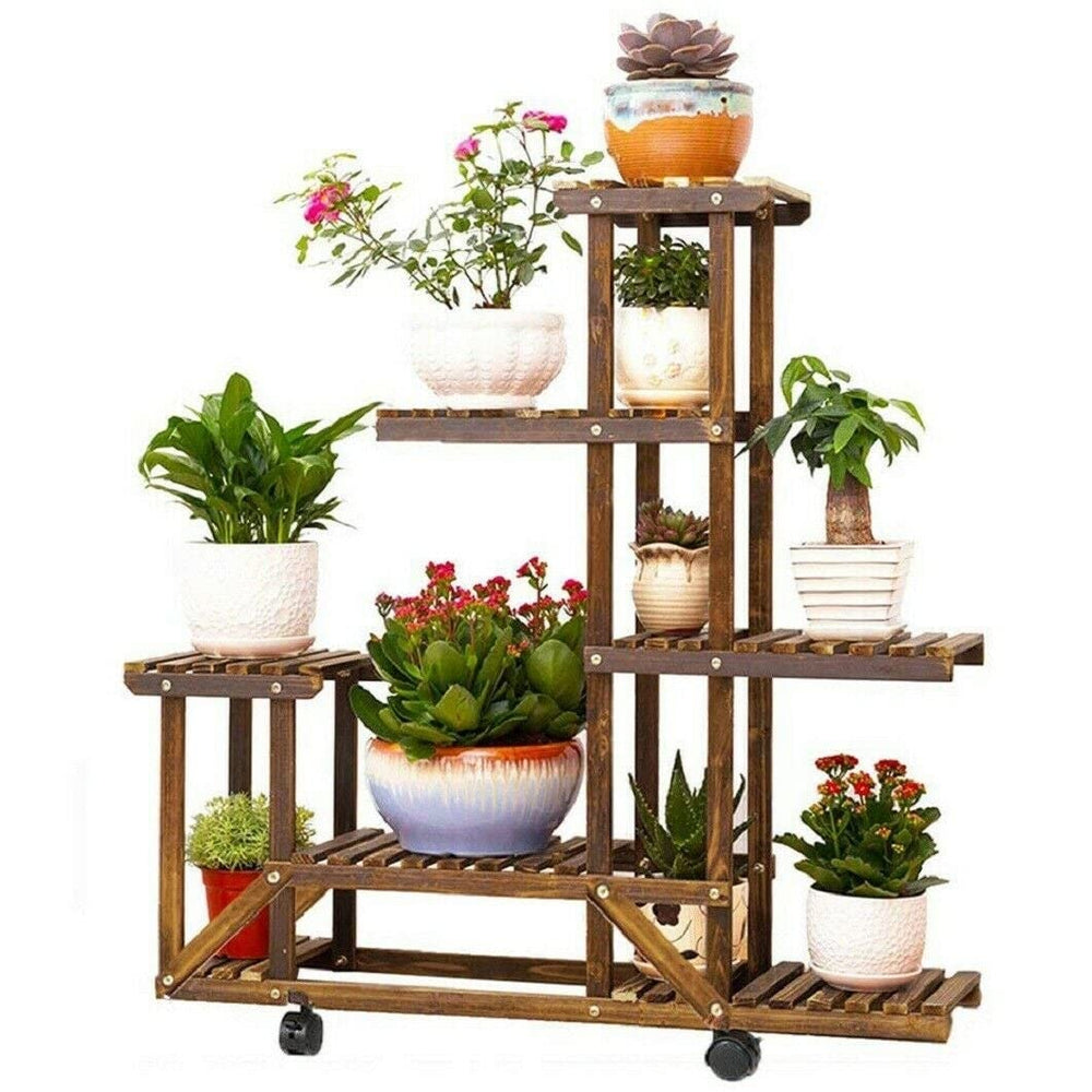 6 Tier Multi-Tiered Solid Wood Plant Stand with Wheels Brown Rustic - Diamond Home USA