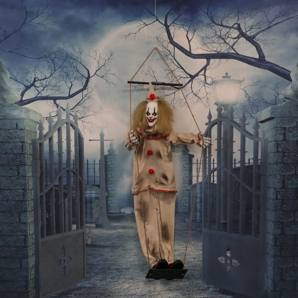 Haunted Hill Farm Scary Swinging Talking Clown Halloween Animatronic with - Diamond Home USA