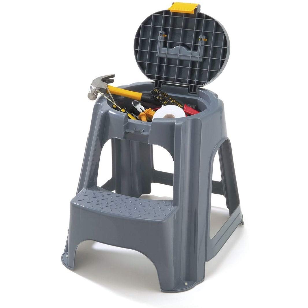 2-Step Plastic Step Stool with Top Organizer Compartment in Grey - Diamond Home USA