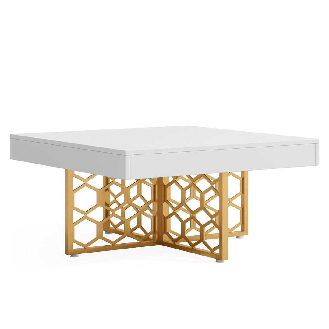 White and Gold Modern Square Coffee Tablewood Metal Tea Table for Living Room