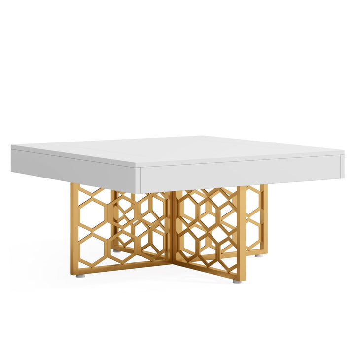 White and Gold Modern Square Coffee Tablewood Metal Tea Table for Living Room