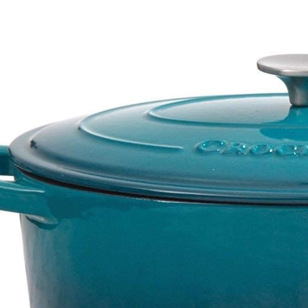 5 Qt Round Dutch Oven Teal Enamel Brushed Ss Hollow Knob Cast Iron Turquoise - Diamond Home USA