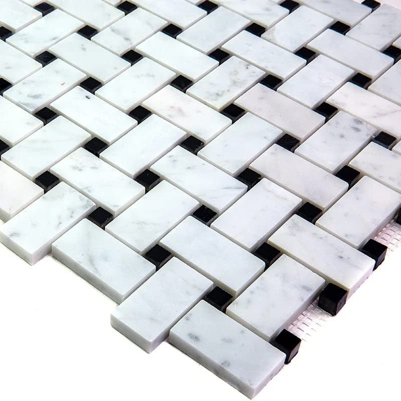 5 Pack 12-in X White and Black Basketweave Polished Marble Mosaic Floor Wall - Diamond Home USA