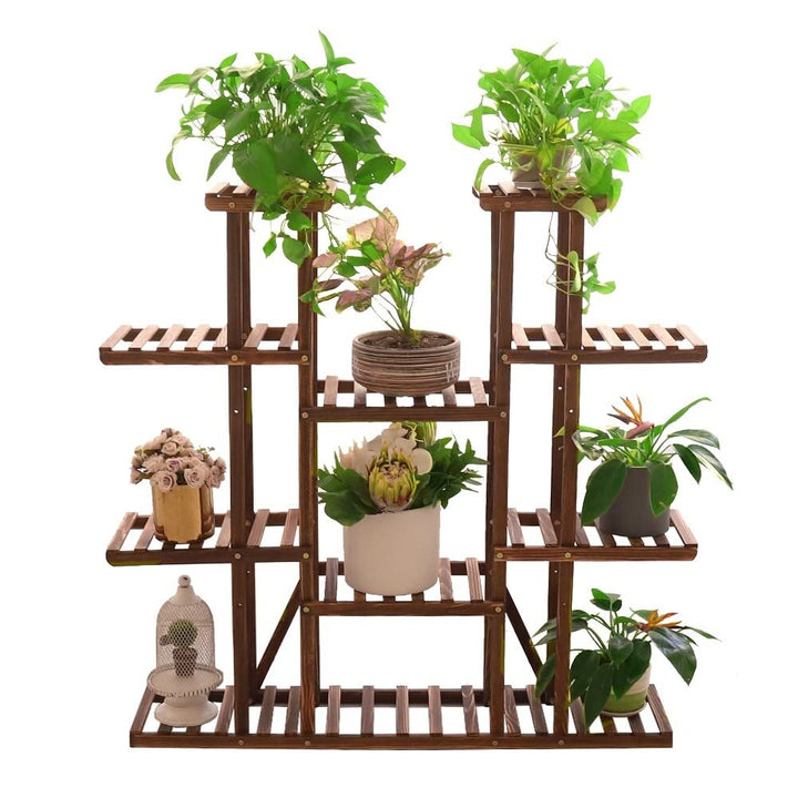 Large 11 Tiered Wood Plant Stand Carbonized Pot Shelf Holder Brown Classic - Diamond Home USA