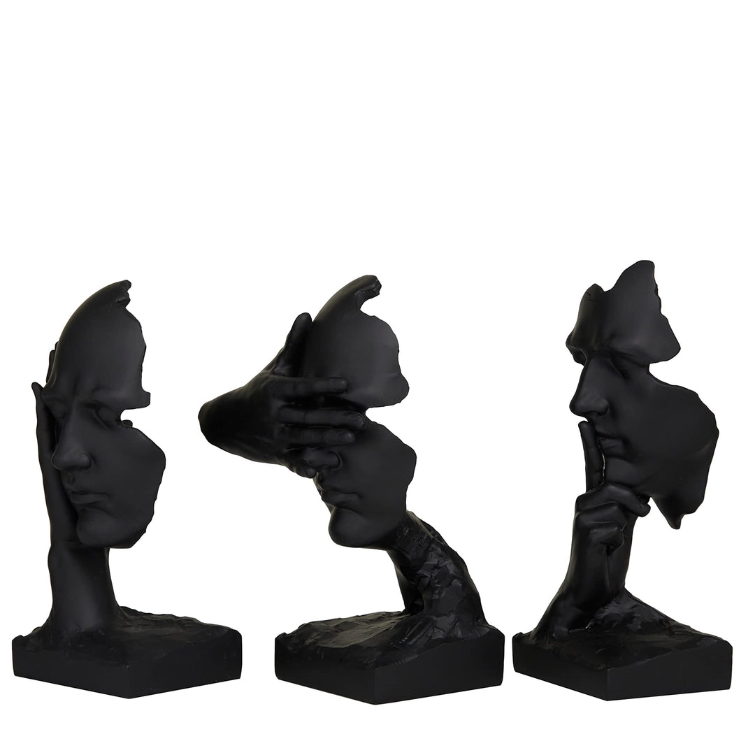 Black Polystone Contemporary Mask Sculpture (Set of 3) S/3 7" w 12" h Abstract - Diamond Home USA