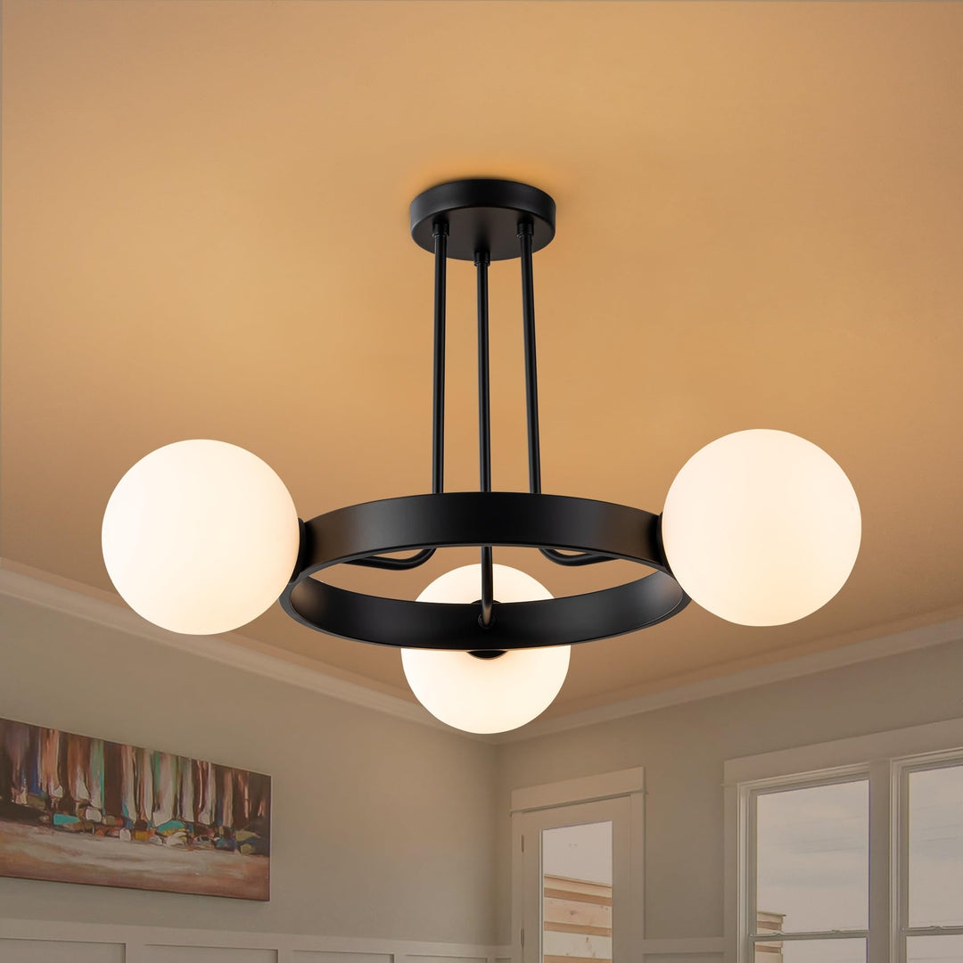 3-Light Modern Industrial Black Cluster Sputnik Round Frosted Opaque Glass Globe