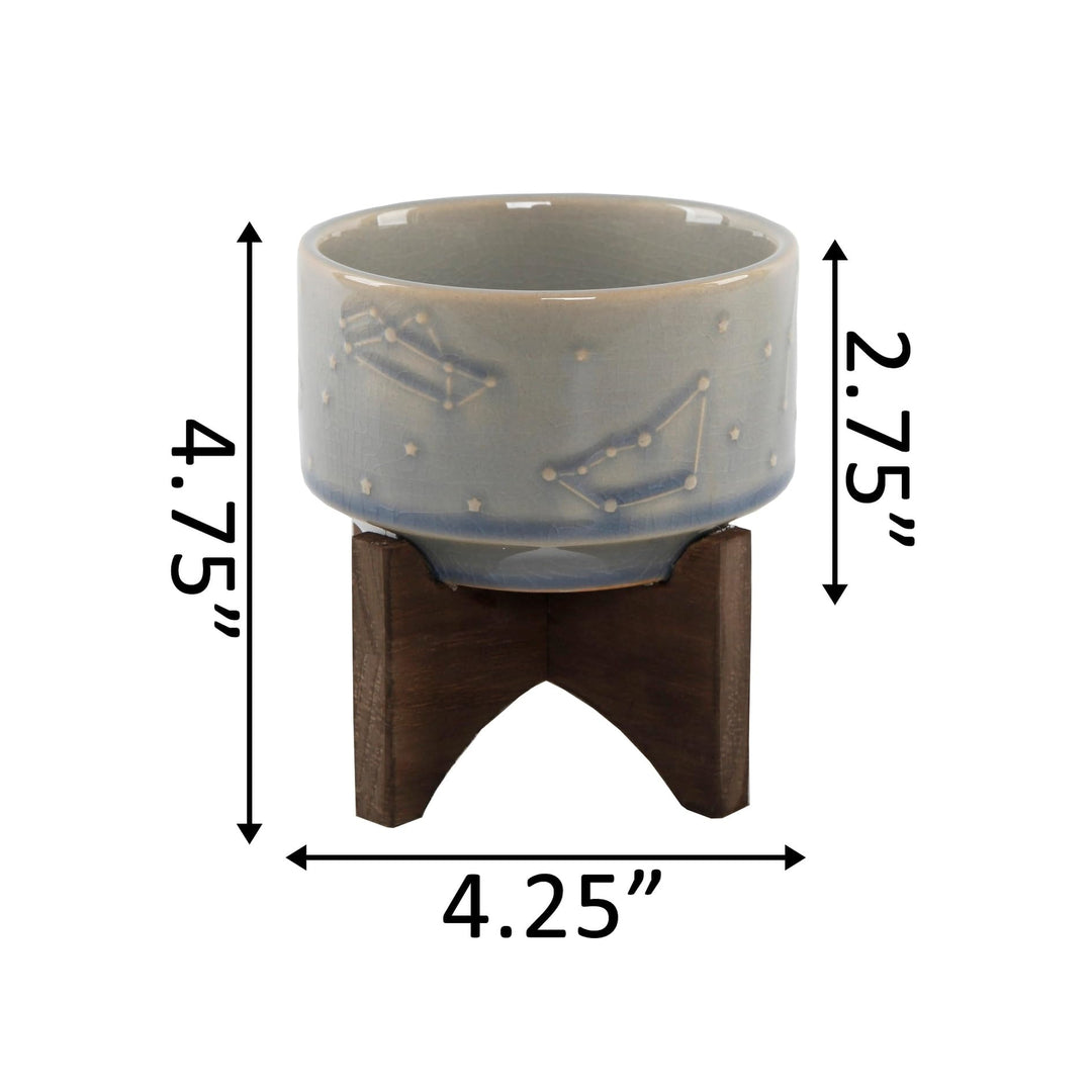 Flora Bunda 4 Inch Constellation Ceramic Pot on Wood Stand Mid Century Glass Blue - Diamond Home USA