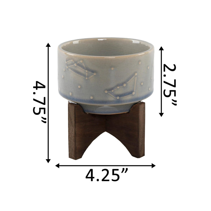 Flora Bunda 4 Inch Constellation Ceramic Pot on Wood Stand Mid Century Glass Blue - Diamond Home USA