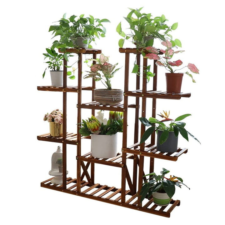 Large 11 Tiered Wood Plant Stand Carbonized Pot Shelf Holder Brown Classic - Diamond Home USA